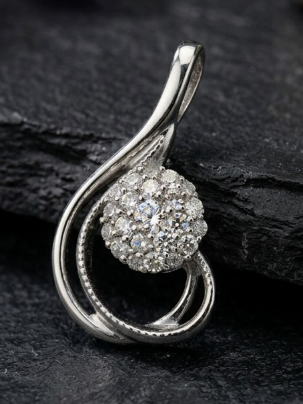 10K Diamond White Gold drop Cluster Pendant